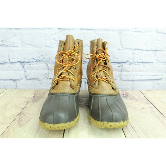 LL Bean Brown Leather Lace Up Round Toe Unlined Ankle Duck Boots Size 7 M - Picture 4 of 10